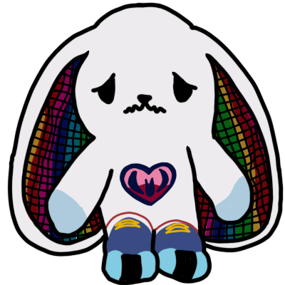  the panic disorder Plushie Dreadful autism rabbit in a sitting position. it is a white bunny with long ears that have rainbow grid square insides, a heart on its chest with the alchemical symbol for Pluto, worried black eyes, a wobbly mouth, and light blue paws. it's wwearing rollerskates.